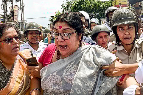 BJP's Bengal Bandh: BJP leader Locket Chatterjee being detained during a protest in Kolkata